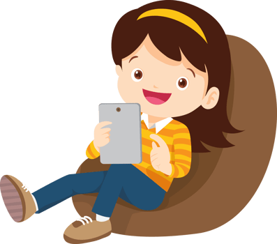 child relax with mobile gadget sitting on beanbag png