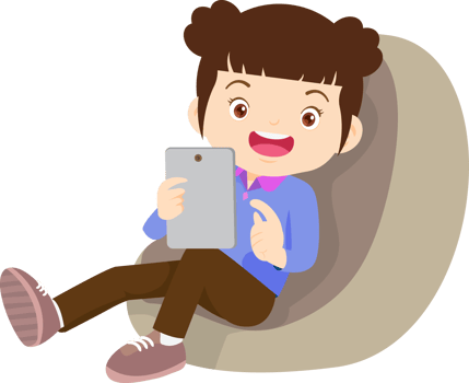 child relax with mobile gadget sitting on beanbag png