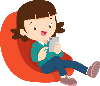 child relax with mobile gadget sitting on beanbag png