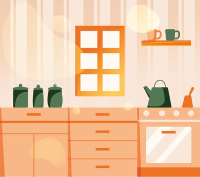 Kitchen interior wall - windows, counters, oven, teapot. Vintage kitchen illustration in orange tones vector
