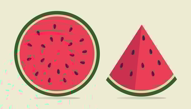 Set of fresh whole half cut slice and piece of watermelon isolated on white background. National Watermelon Day, Vegan food icons, Healthy food concept. vector