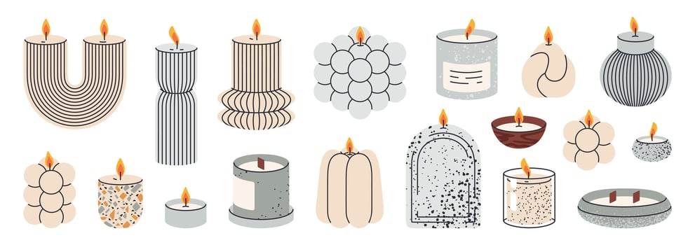 Scented candles. Aroma wax decorative candles, home interior decor and aromatherapy, light aromatic candles flat illustration set. Hand drawn different shapes scented candles vector