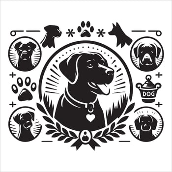 A collage of dog a plant in an illustrated frame risograph silhouette white background vector