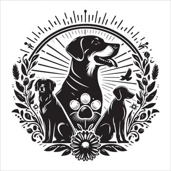 A collage of dog a plant in an illustrated frame risograph silhouette white background vector