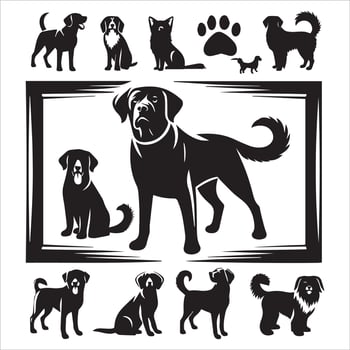 A collage of dog a plant in an illustrated frame risograph silhouette white background vector