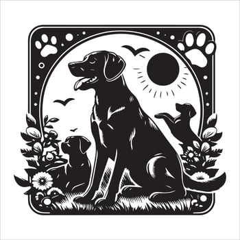A collage of dog a plant in an illustrated frame risograph silhouette white background vector