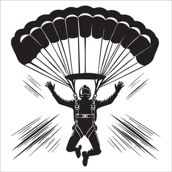 Parachuting jumping adventure illustration - parachute man silhouette - Skydiving Clipart in black and white vector