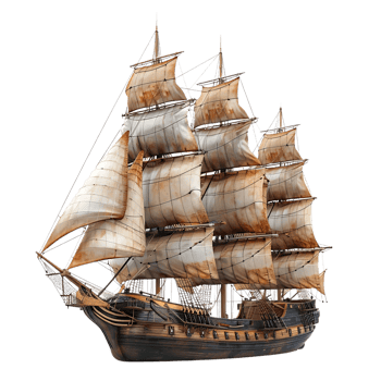 3D Render of an Old Wooden Sailing Ship with Full Sails png