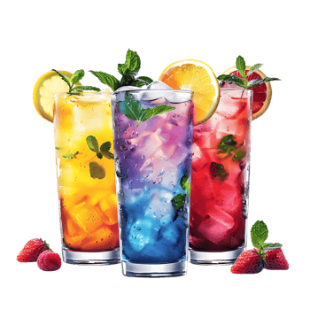 Three Colorful Summer Cocktails with Ice and Fruit Illustration png