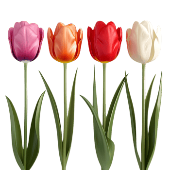 Four Colorful 3D Rendered Tulips on Black Background png