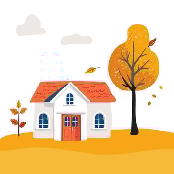 Cartoon magical Village House with an orange roof. Folk yellow tree and red bush. Cute postcard and poster, for printing on clothing textiles vector