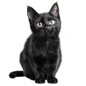 Portrait of a fluffy black cat with piercing yellow eyes, looking attentive and curious against a transparent background. png