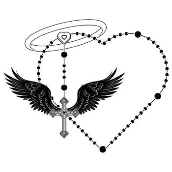 Winged cross with heart-shaped rosary, heart-shaped rosary with wings, symbology of the Catholic religion png