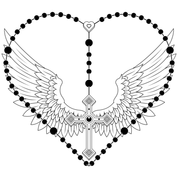 Winged cross with heart-shaped rosary, heart-shaped rosary with wings, symbology of the Catholic religion png