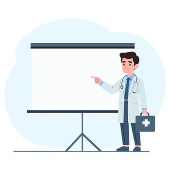 A male doctor points out something on a banner, giving a presentation. Place for your text, flat illustration vector