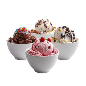 Ice cream scoops with toppings in white bowls on a transparent background png