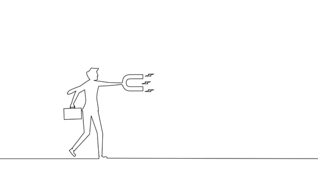 one line drawing of a man with a bag and a sign vector