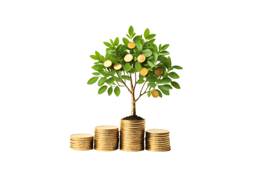 Stacking gold coins and money of tree with growing png
