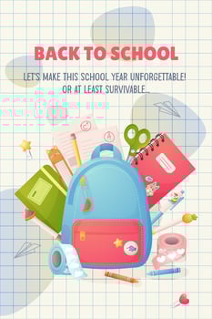 Back to school. A funny joke card for the beginning of school. Cartoon backpack and stationery accessories vector