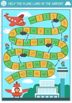 City transport dice board game for children with landing airplane and pilot. Air transportation boardgame for kids. Urban printable activity. Help the plane get to the airport vector