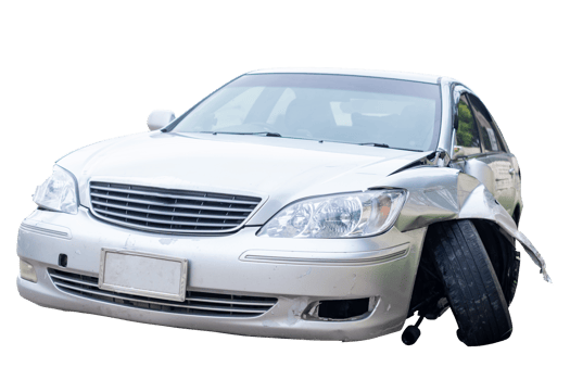 Full body front and side view of white car get damaged by accident on the road. damaged cars after collision. Isolated on transparent background, File png