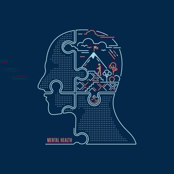 concept of mental health or neuroscience, graphic of jigsaw man with motivational brain vector