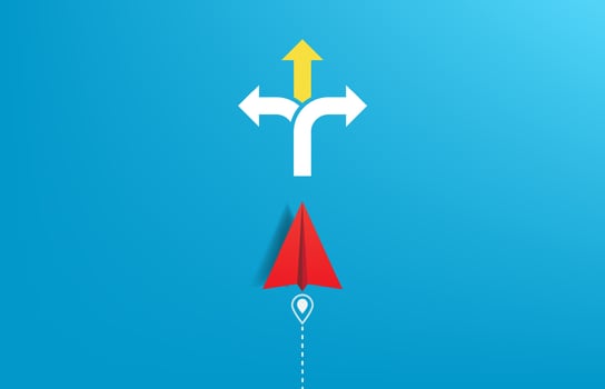 Choosing a right path to move forward. Business decision making and the way to success. Paper plane with arrows pointing three different directions. vector