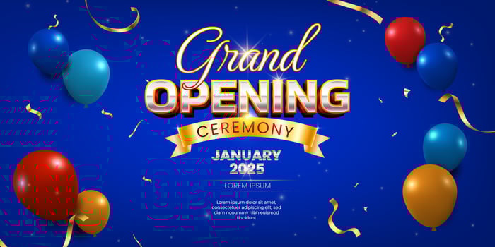 Luxury grand opening ceremony blue banner, golden confetti and ribbon, shiny balloon and glitters vector