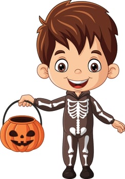 Cartoon little boy wearing skeleton costume holding pumpkin bucket. vector