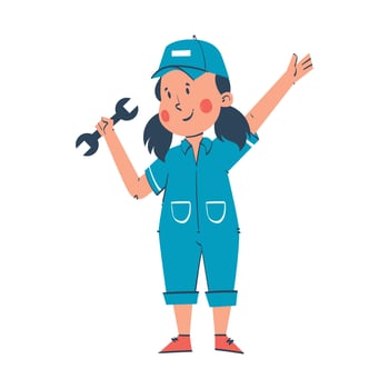 Young female mechanic holding wrench and waving, celebrating labor day illustration vector