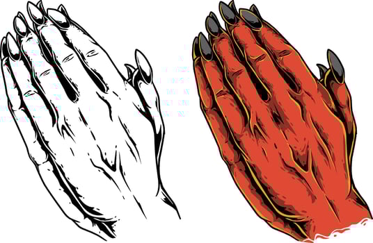 Devil praying hand sign black and white and colorful illustration vector