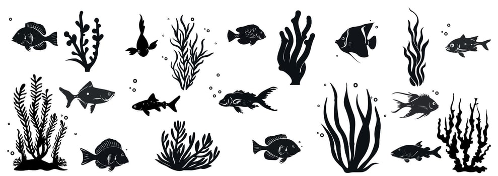 Silhouette Collection of Fish and Seaweed Illustration. Summer marine retro collection. Marine Life Set. Ocean animal illustration vector