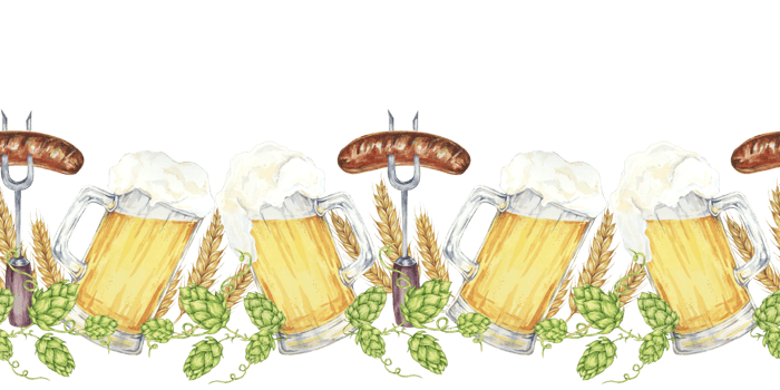 Beer mugs, barley stalks, hop cones and forks with grilled sausage in continuous line. Seamless border watercolor clipart for pub signs, beer tasting events, Oktoberfest promotions, party supplies png