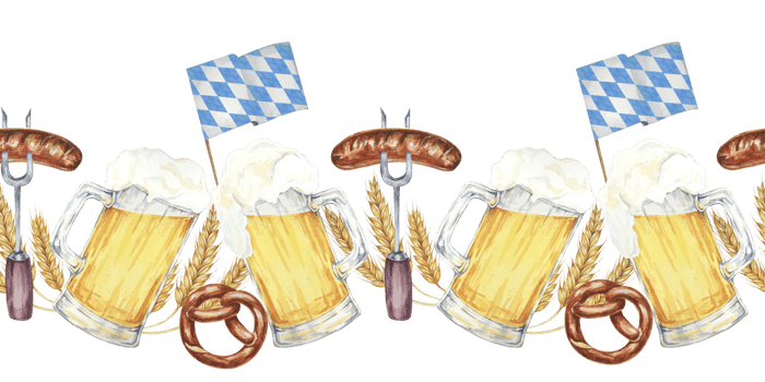 Beer mugs with foam, pretzels, barley, sausages and blue-and-white Bavarian flags banner clipart. Watercolor seamless border for creating Oktoberfest-themed invitations, menus, festive event banners. png