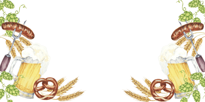 Watercolor banner design featuring frothy beer mugs with pretzels, sausages, hops, and barley. Clipart with blank space for Oktoberfest invitations, beer garden promotions, and festive event banners. png