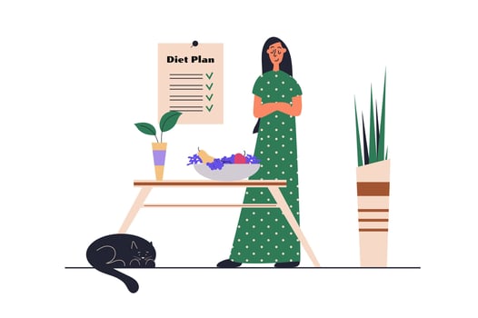 Diet plan web concept with people scene in flat design. Woman follows dieting, gets detox and controls calories, eats fresh and natural products. illustration with character situation for web vector