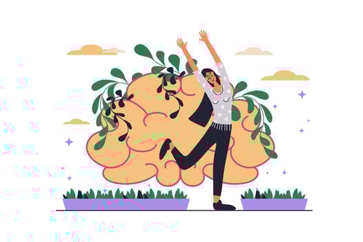 Mental health web concept with people scene in flat design. Happy woman supporting herself, thinks positively and calm, taking care of brain. illustration with character situation for web vector