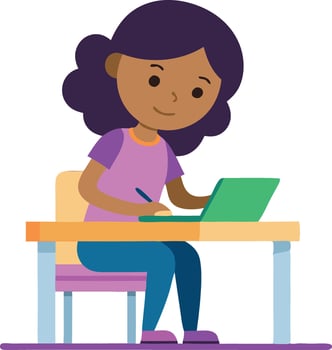 A young girl working on a laptop, depicting education and remote learning. vector