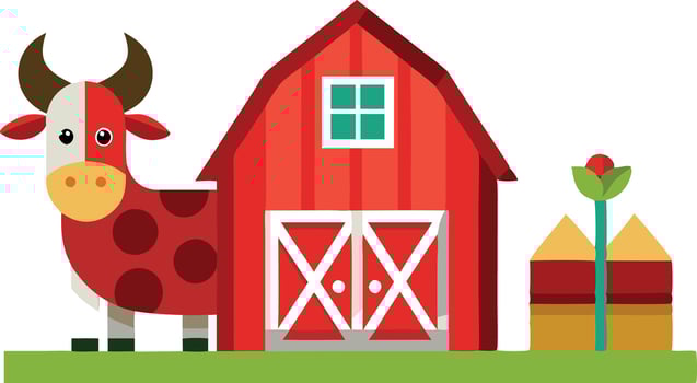 A colorful farm scene with a red barn, a cow, and a small garden, depicting a typical rural farm setting. vector
