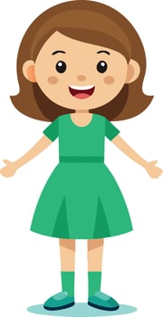 A happy girl in a green dress, smiling and standing upright, symbolizing joy and positivity. vector