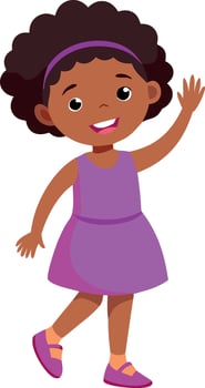 A charming illustration of a child waving in a purple dress. This image is ideal for children's educational materials, storybooks, and playful designs for young audiences. vector