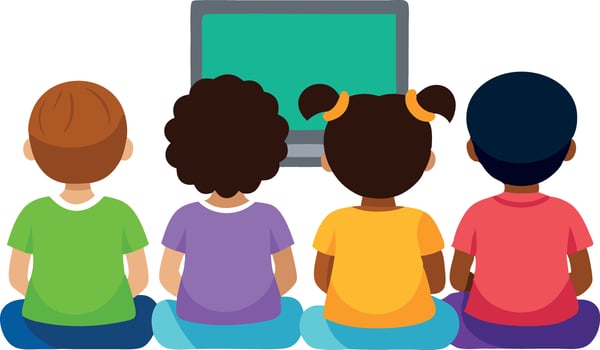 A group of children sitting and watching TV together, depicting kids' leisure time. Perfect for educational and entertainment content focusing on young audiences. vector