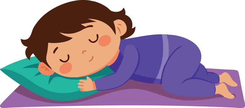 A young child peacefully sleeping on a purple mat, looking relaxed and restful. vector