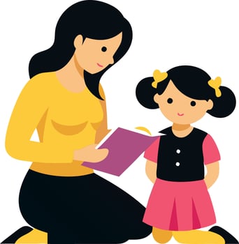 A mother and daughter reading a book together, sitting on the floor with the book open. vector