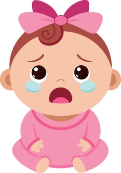 Illustration of a crying baby with a bow on its head, expressing sadness and emotion. vector