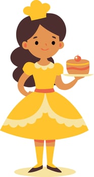 Illustration of a girl in a yellow dress holding a cake, smiling and standing happily. This cute character is perfect for birthday and celebration themes. vector