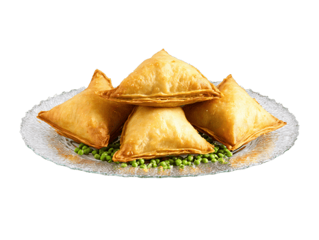 Samosas Crispy golden brown samosas filled with spiced potatoes and peas arranged on a transparent png