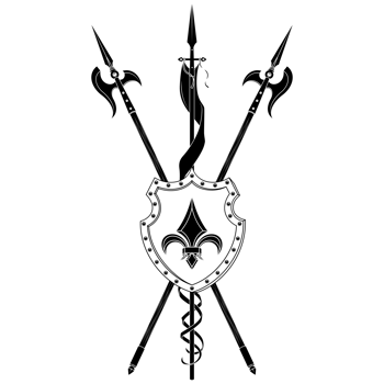 Heraldic shield of the middle ages, coat of arms with heraldic symbol of fleur-de-lis and halberd, in black and white silhouette and lines style png