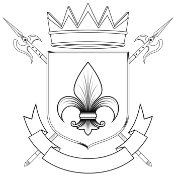 Heraldic shield of the middle ages, coat of arms with heraldic symbol of fleur-de-lis and halberd, in black and white silhouette and lines style png