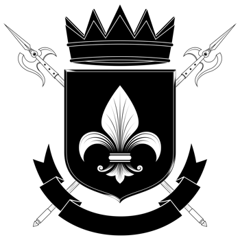 Heraldic shield of the middle ages, coat of arms with heraldic symbol of fleur-de-lis and halberd, in black and white silhouette and lines style png
